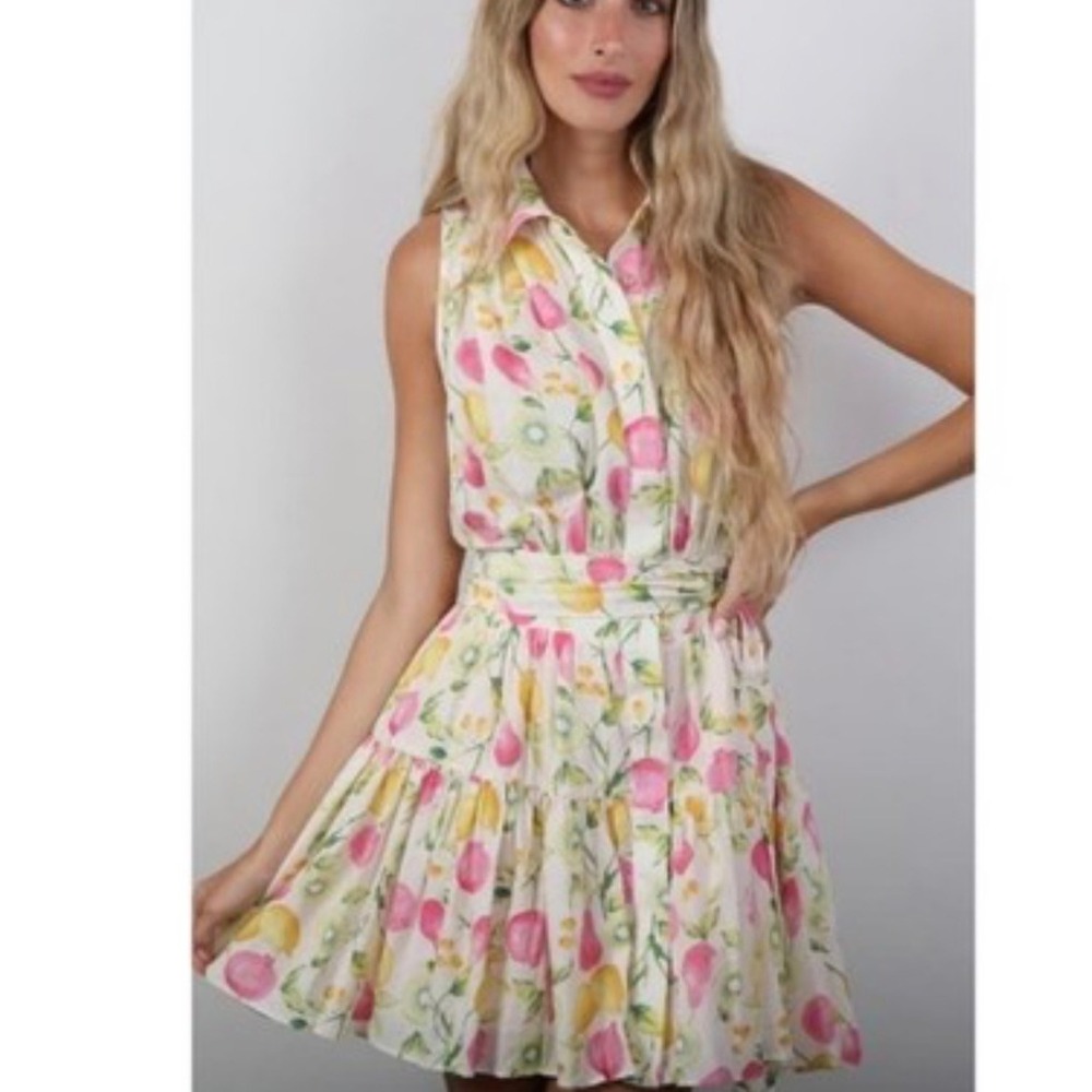 En Saison Fruit Print Linen Blend Sleeveless Mini Dress Pink Multi S